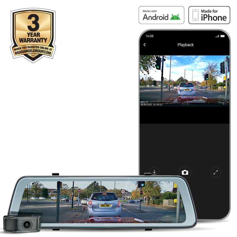 Road Angel Halo View – 10″ Touch-Screen Mirror Dash Cam with Dual Parking Mode
