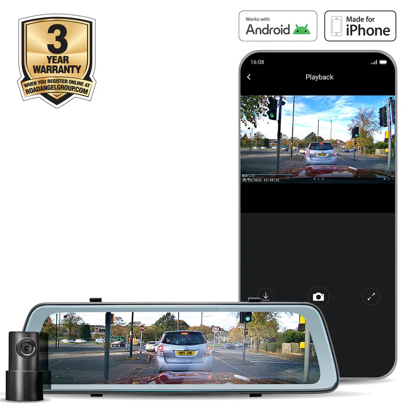 Road Angel Halo Vision 3 – 2160P 4K Mirror Dual Dash Cam with 10" Anti-Glare LCD Touch Screen &amp; Dual Parking Mode