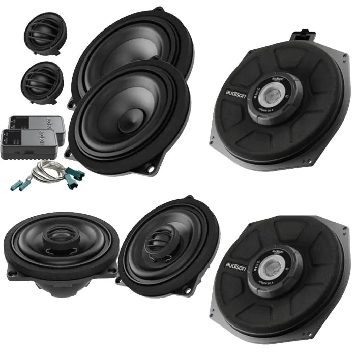 Audison BMW 4" 2-Way Front Components & Rear Coaxial Speaker & Underseat Subwoofer