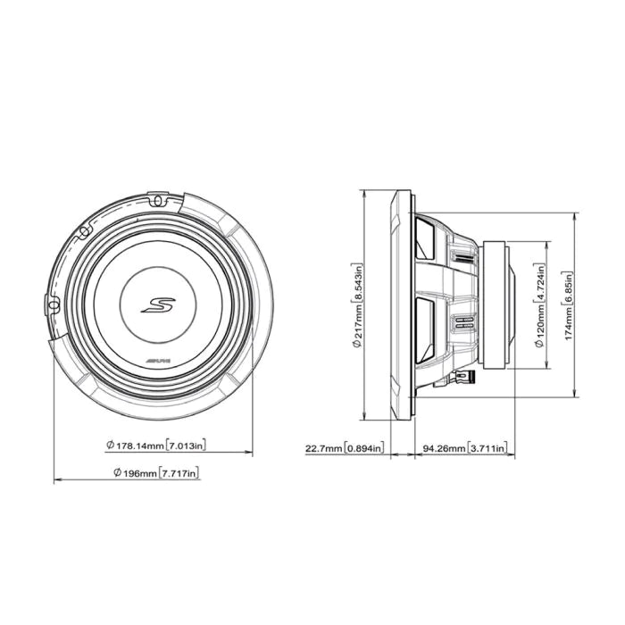 Alpine S2-W8D2 - 8" S-Series Dual 2 Ohm Car Subwoofer 900W